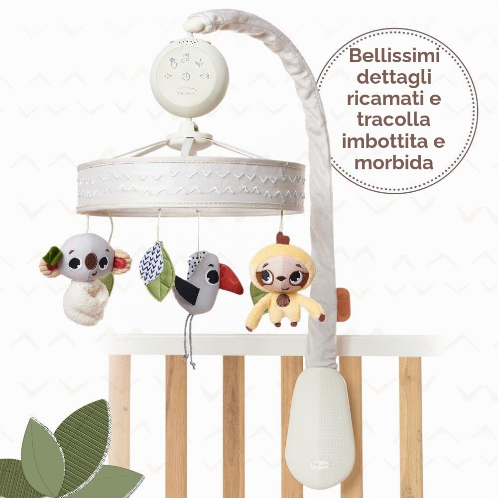 Tiny Love Boho Chic Giostrina culla neonato, giostrina musicale lettino con 17 melodie, suoni della natura e rumore bianco, timer spegnimento automatico, luce led, collezione boho chic