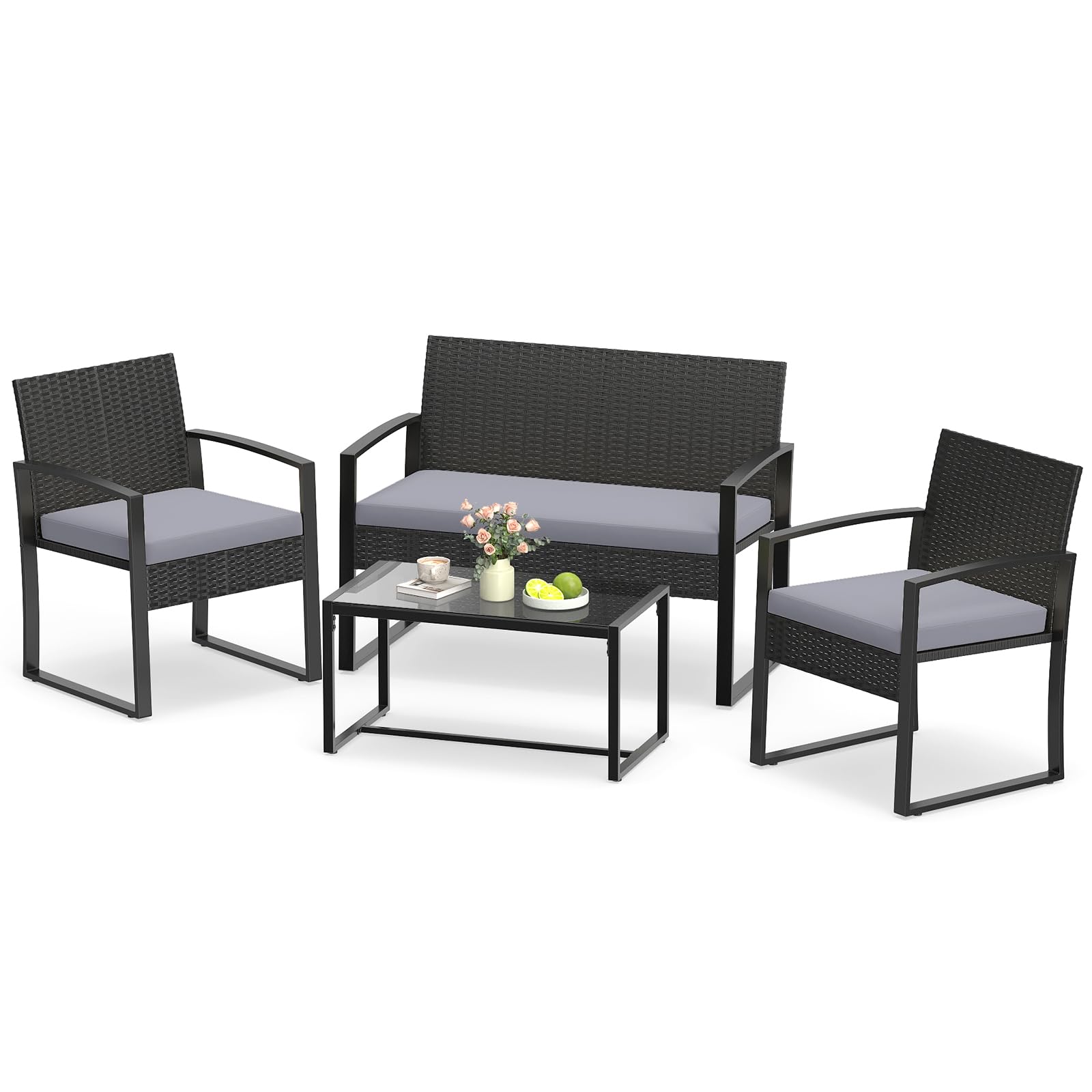 COSTWAY Rattan Gartenmöbel Set, Outdoor Lounge Möbel, Balkonmöbel Kleiner Balkon, Sitzgruppe mit 2 Sessel, Bank, Tisch & Sitzkissen, Terrassenmöbel, Sitzgarnitur, Gartengarnitur (Grau)