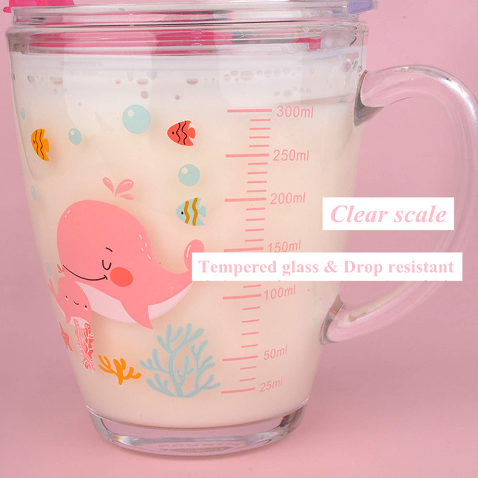 Bicchiere da latte in vetro con misura, misurino con coperchio e cannuccia in silicone per bambini, 350 ml, resistente al calore, in vetro temperato per microonde, succo di latte