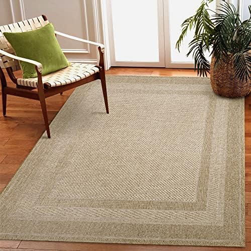 Liora Manne Orly Indoor Outdoor Rug – Multi Textured, Border Pattern, Natural Tones, Rustic Look, Low Profile, Easy Care, Durable, Polypropylene, UV Stabilized, 8'10" x 11'9", Border Natural