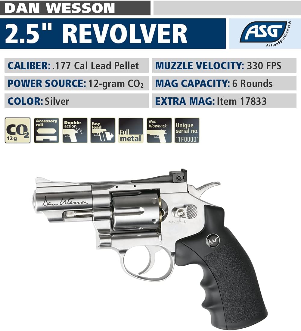 ASG Dan Wesson CO2 Silver Airgun Revolver .177 Cal/4.5mm Pellet