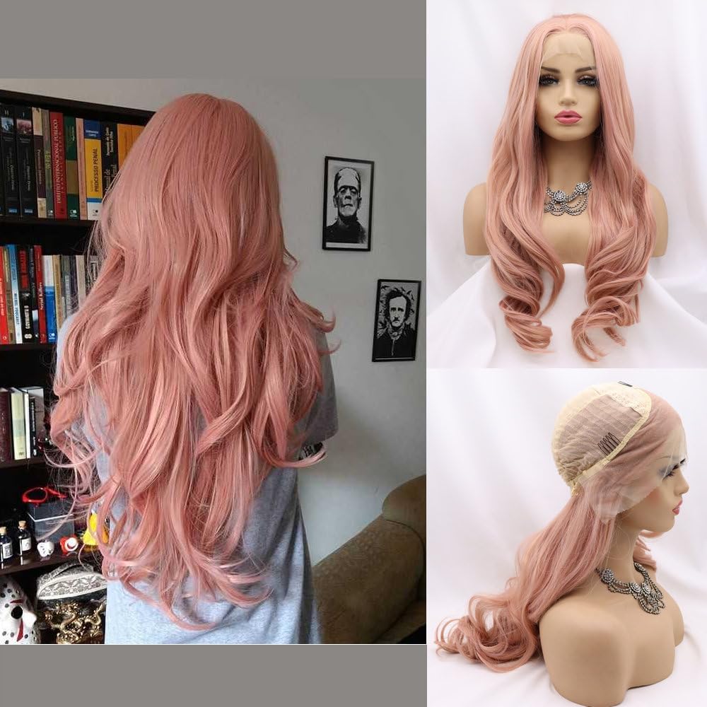 24" Lungo rosa ondulato parrucche per le donne sintetico pizzo anteriore miscelato rosa calore sicuro sostituzione dei capelli parrucche Halloween Cosplay giornaliero partito uso parrucca mezzo Parted