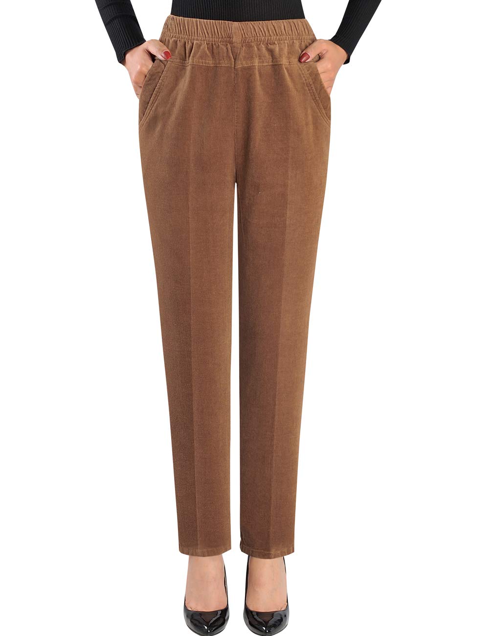 Bigassets Women's High Waist Skinny Corduroy Trousers Elasticated Stretch Cotton Pants