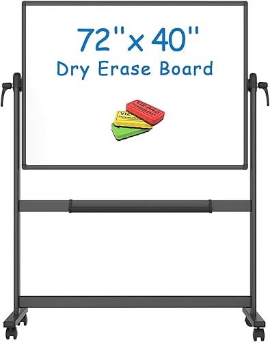 VIZ-PRO Pizarra magnética móvil de doble cara de 72 x 40 pulgadas, marco y soporte de aluminio negro, con 3 borradores secos
