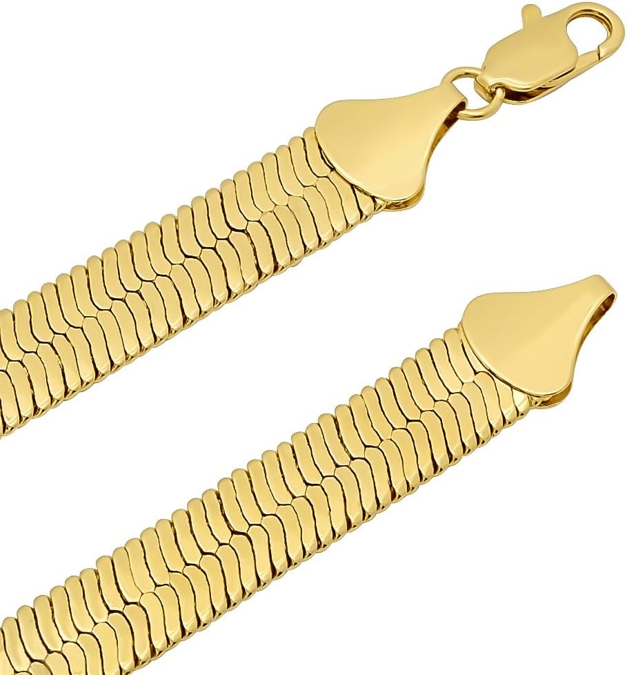 The Bling Factory 10.8mm 14k Yellow Gold Plated Flat Herringbone Chain Necklace - Image 3