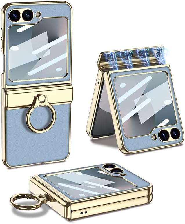 Magnetic Folding Litchi Leather Case for Samsung Galaxy Z Flip 6, All-Inclusive Phone Protective Cover for Flip6, Anti-Drop Shell with A Electroplating Ring (Blue,for Flip 6)