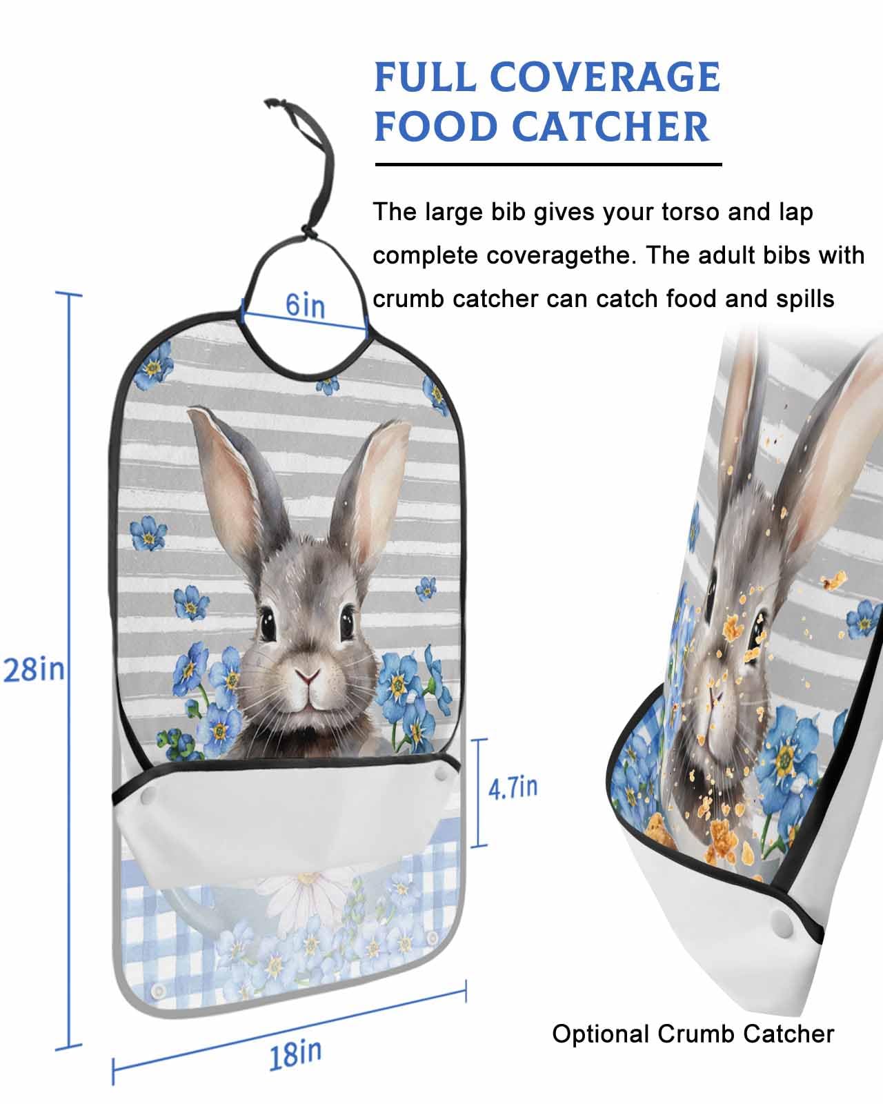 LEOKOTI Blue Bunny Easter Adult Bibs for Eating, Waterproof Bibs with Food Catcher & Adjustable Snap Closure, Spring Floral Botanical Grey Striped Washable Clothing Protectors Adult Bibs for Elderly