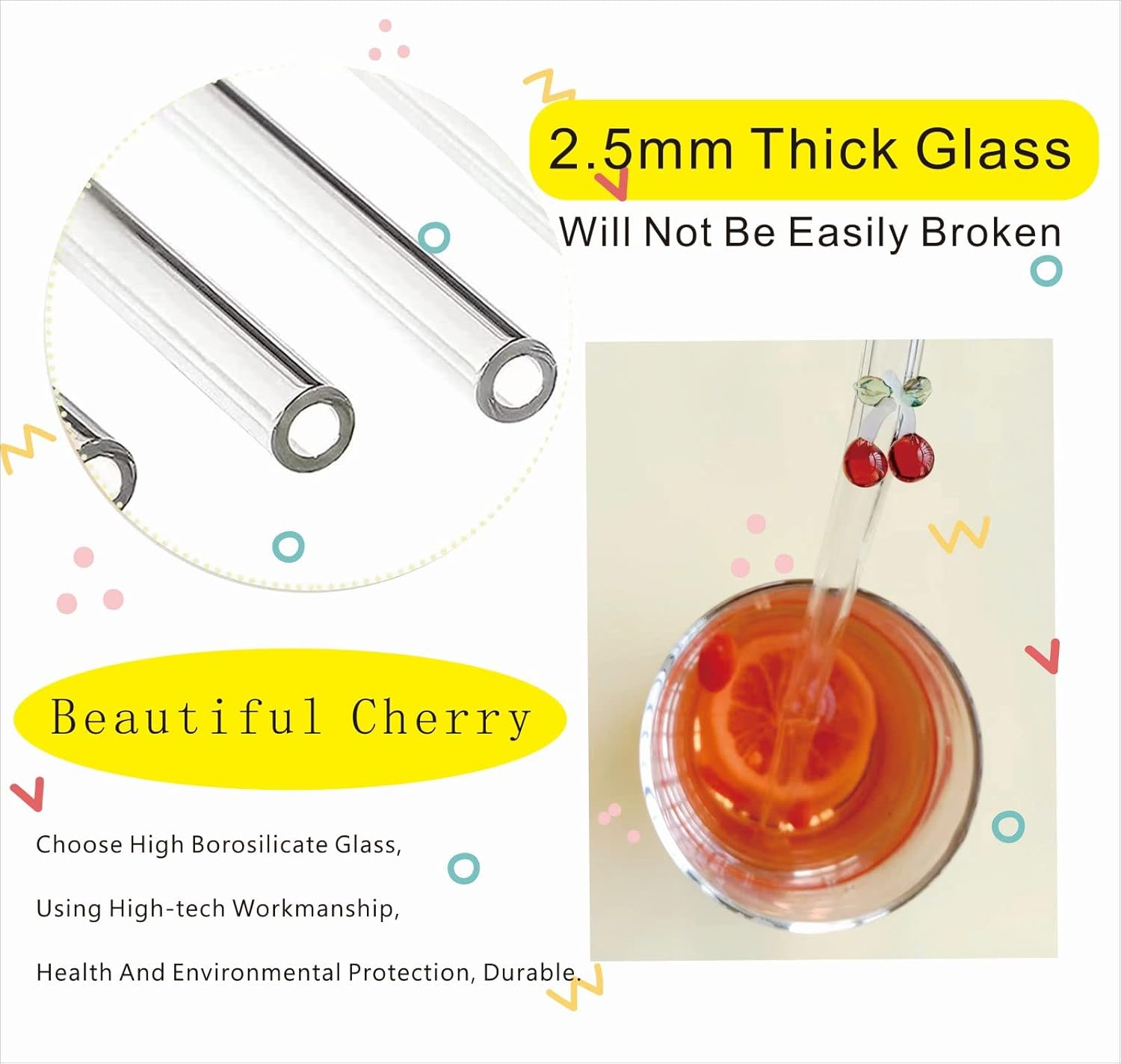 6 Clear Glass Straws Cherry Design Glass Straws Decorative Drinking Straws Reusable Straws Perfect for Smoothies Milkshakes Juices Teas Cocktails. /456