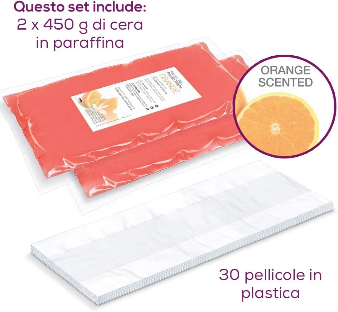 Beurer Set di Ricambi di Paraffina per MP 70 | 2 x 450 g di cera di paraffina | 30 rivestimenti in plastica | Deliziosa cera profumata all'arancia | per una pelle morbida su mani, piedi e gomiti