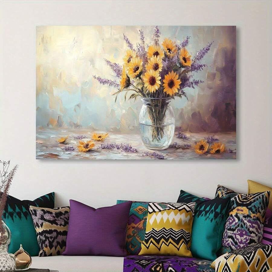 Tableau abstrait lavande et tournesols pour une cuisine lumineuse