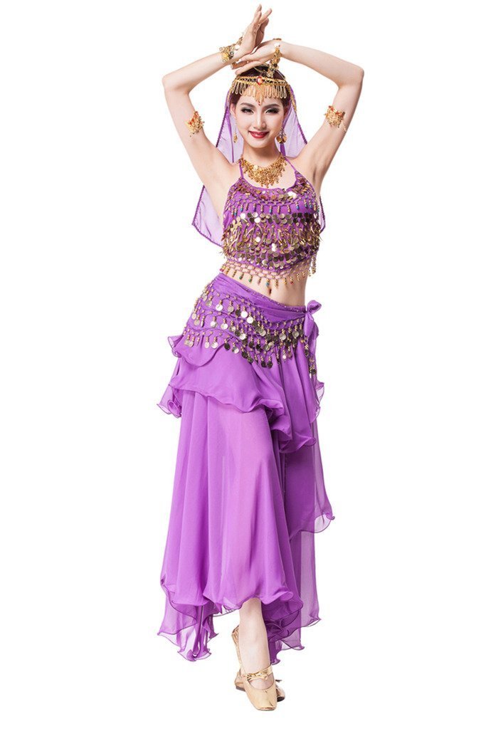 Belly Dance Costume Set Veil Top Scarf Skirt Accessories 9pcs 6 Colors