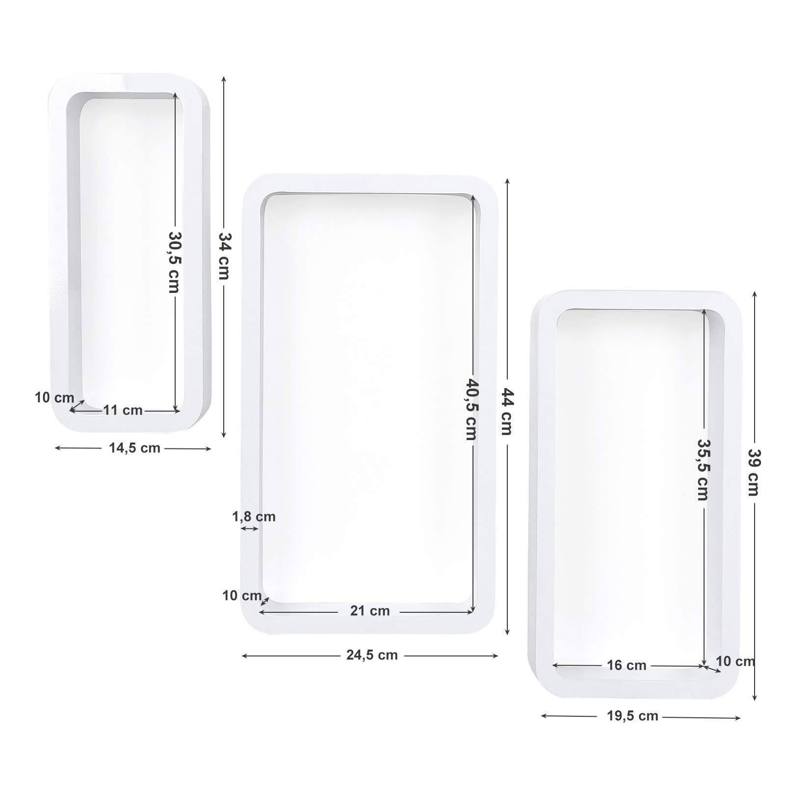 SONGMICS Murales, Lot de 3, Étagères Suspendues, Tablettes Flottantes, pour Chambre, Salon, Cuisine, Couloir, Capacité de Charge 15 kg, Longueur 34, 39 et 44 cm, Blanc LWS97W