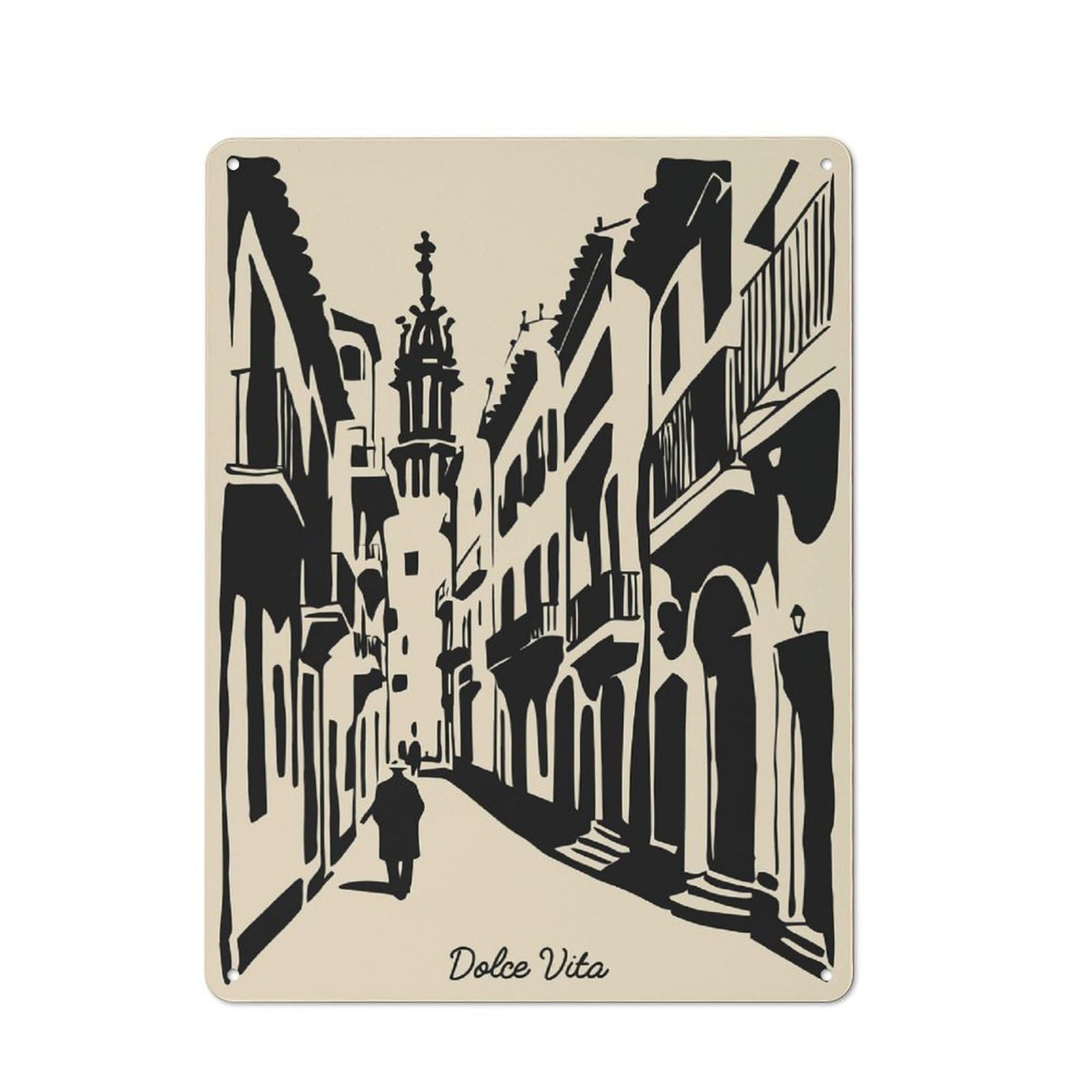 Junmoney Style Bistro Dolce Vita Street Scene Illustration Tin Wall Sign 40X30cm, Shop Wall Decor For Takeaway, Bar, Kitchen Or Counter Area