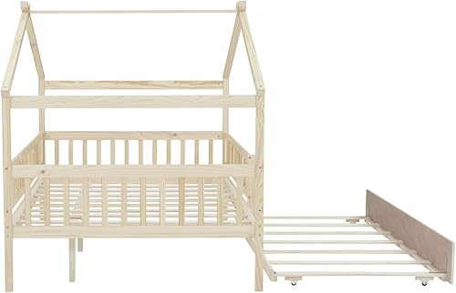 Miniatura 60 de Cama de casa tamaño individual con barandillas de valla, marco de cama de madera estilo Montessori para niños, divertidas camas de casa de juegos