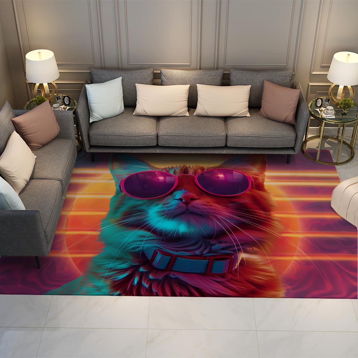 Tapis de sol pour chambre chat lunettes de soleil style années 80