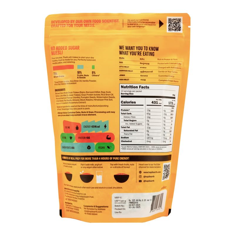 Image of Hapli Earth 6 Millet Muesli No Added Sugar | 15g Protein, High Fibre | Healthy Breakfast Cereal with Rolled Oats, Almonds, Black Raisins & 4 Seeds | No Palm Oil, No Preservatives | 400g