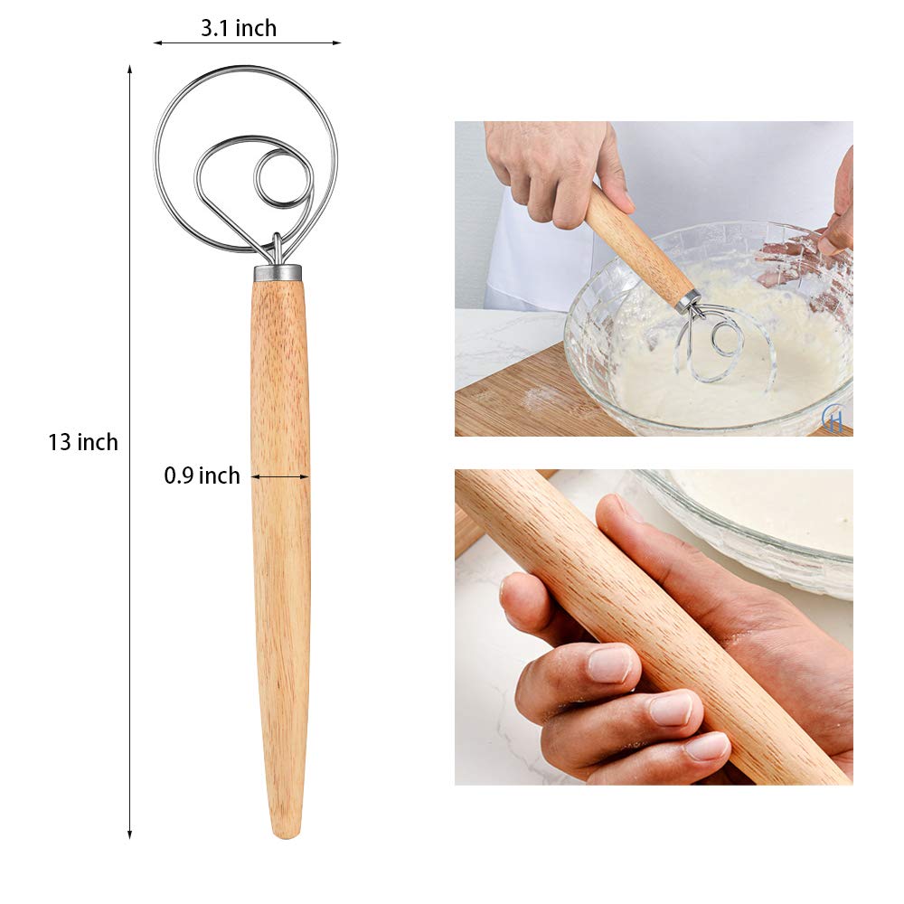 Frusta Danese Per Impasto In Acciaio Inox 33 Cm Con Manico In Legno E Raschietto - Frusta Olandese Per Pane, Pizza, Pasta Madre, Torte - 5