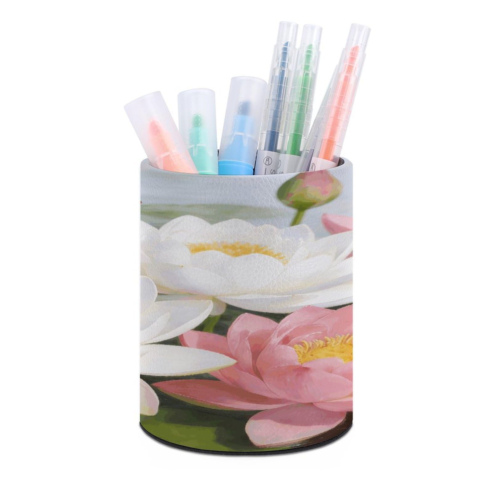LZQPOEAS Clear Pond Lotus Rhythms Pen Holder for Desktop Organizer Storage Case Modern Minimalist Pen Cup Round Pencil Holder PU Leather Pencil Cup Multi-Functional Office Supplies for Home