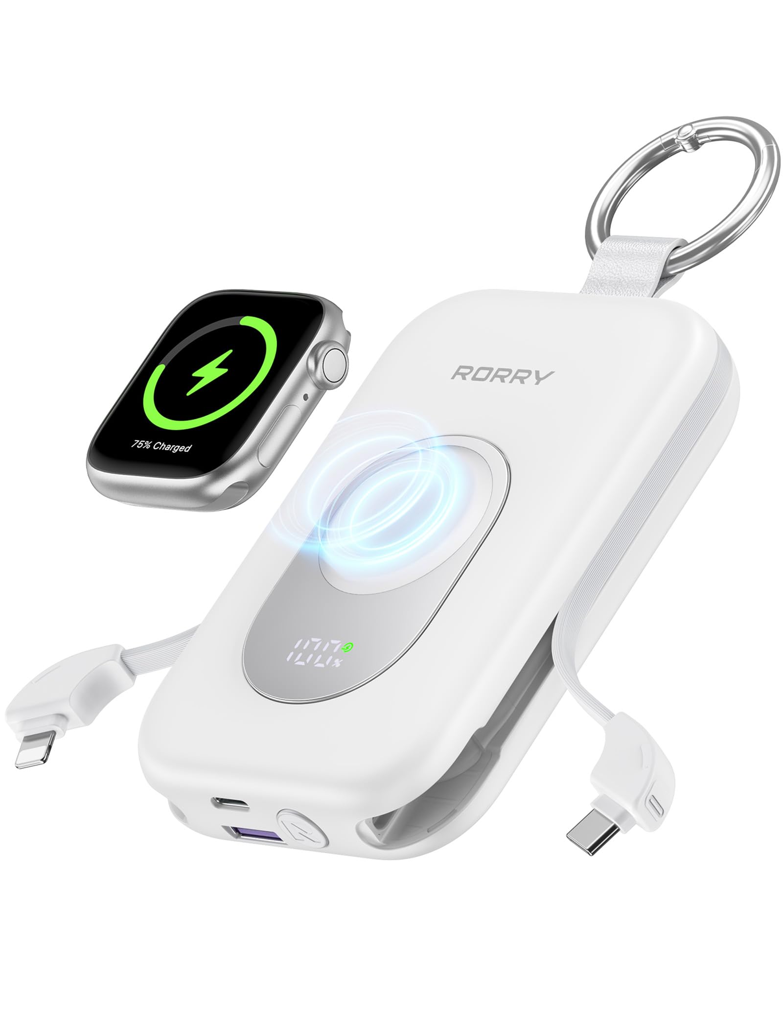 RORRY Powerbank Power Bank 20000mAh 30W PD Quick Charger - Cargador portátil con 2 Cables Integrados, batería Externa para teléfono móvil con Llavero, para iPhone, Apple Watch, iPad, Color Blanco