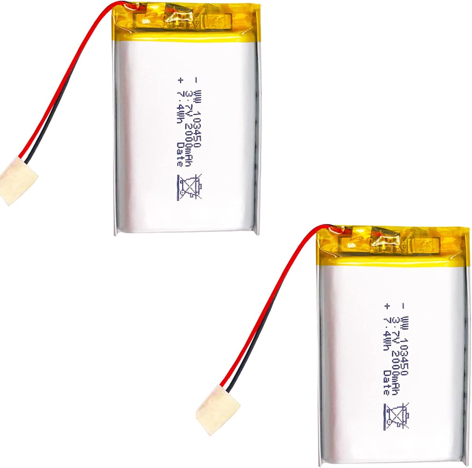 Lithium Polymer Battery 3.7V 2000mAh Rechargeable Lithium Battery 103450 Li-Polymer Ion Backup Battery with Protection Board (2pcs)