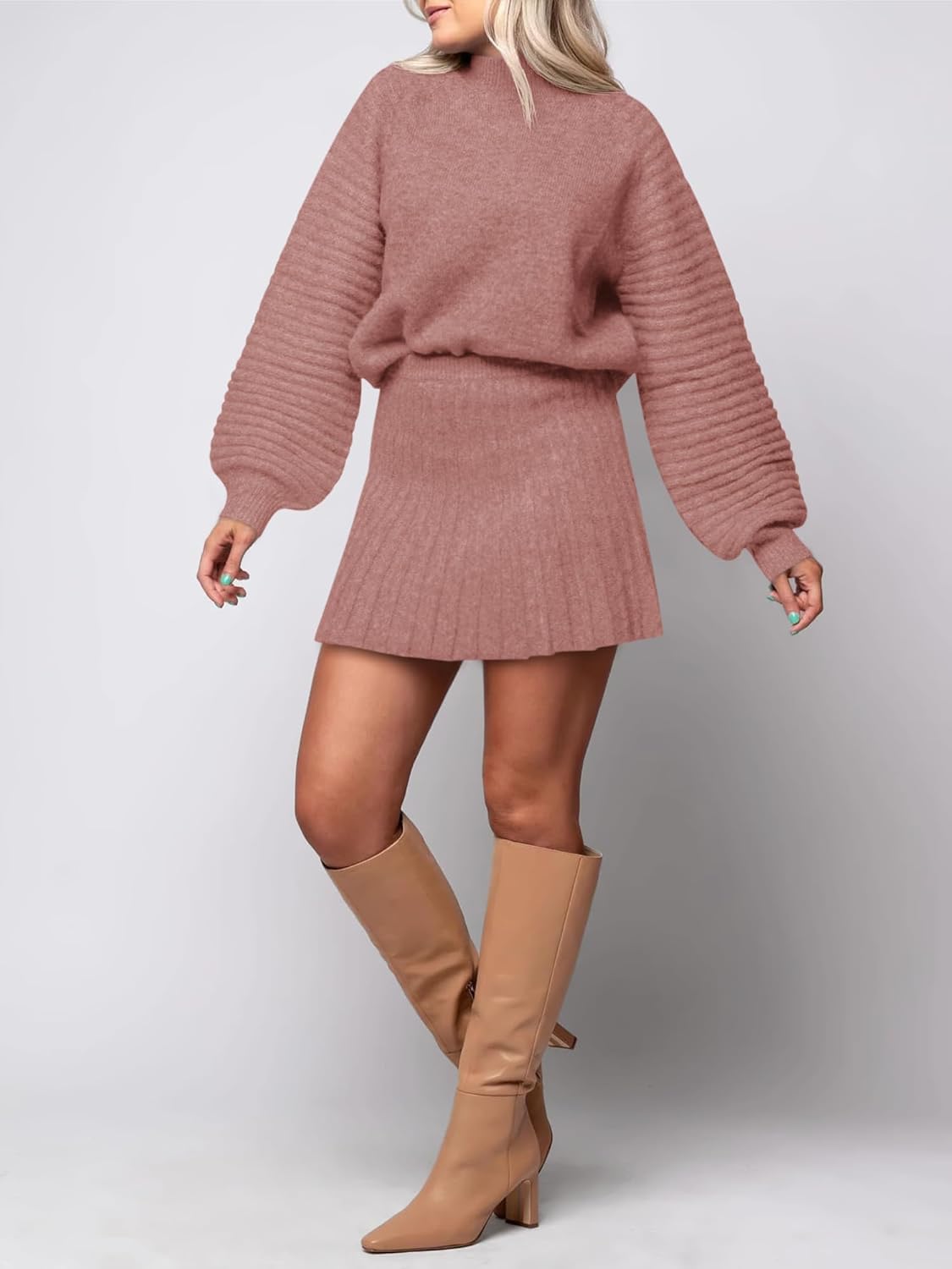 Womens 2 Piece Skirt Sets Fall Fashion 2025 Mock Neck Ribbed Knit Sweaters And Mini Skirt Two Piece Outfits - Image 3