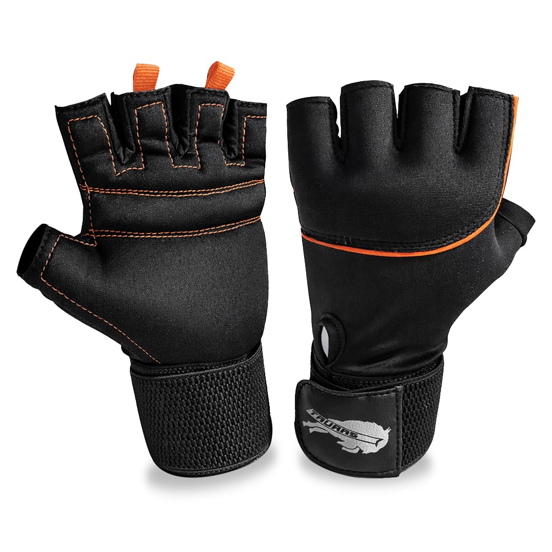 TAURAS Neoprene Half Finger Workout Gym Gloves with Wrist Support Strap | 1 Pair - Free Size (Orange-Black) | Fitness Gloves with Breathable Non-Slip Grip | Wrist Band for Dumbbell, Exercise-image-39