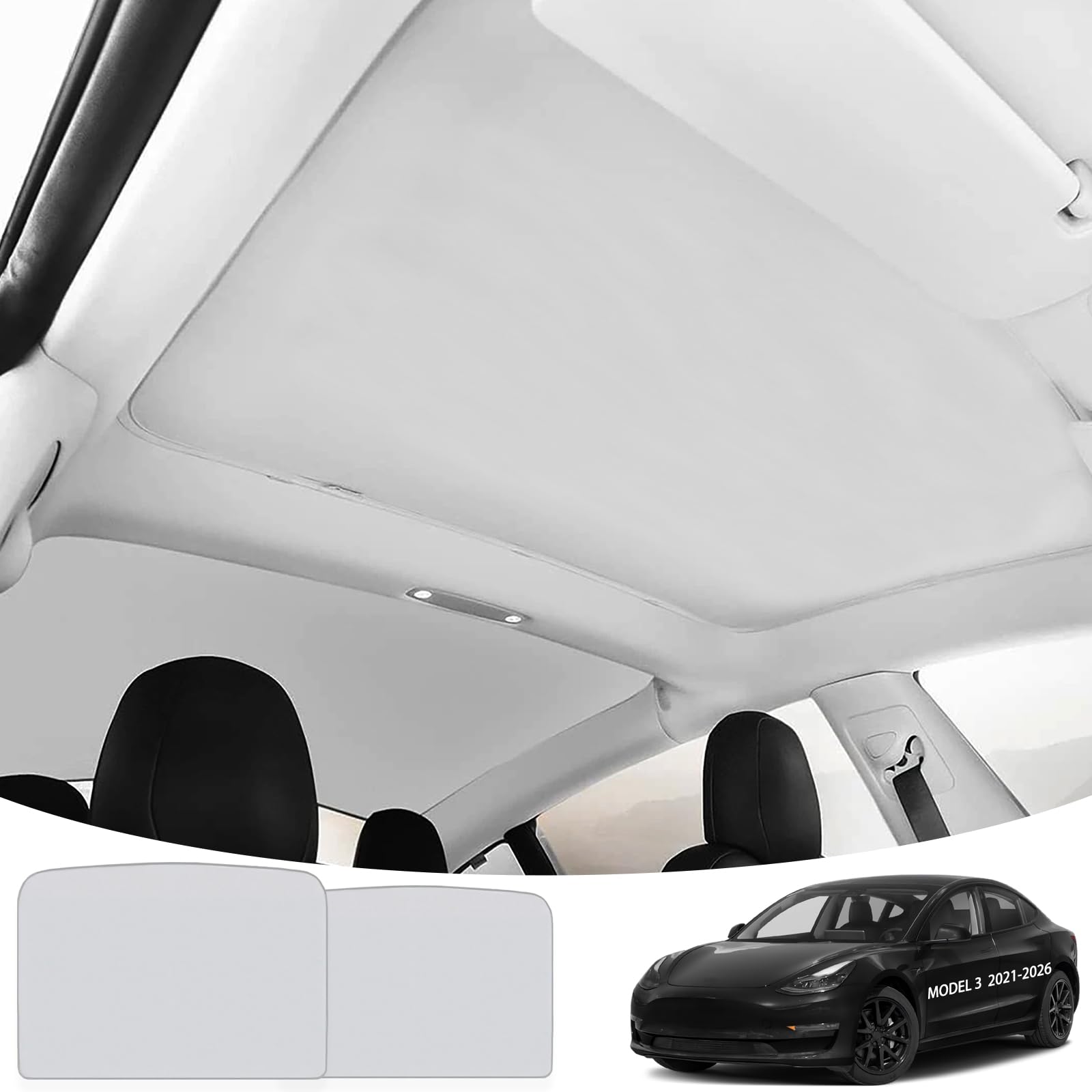 Parasol para Techo de Cristal (Compatible con Tesla Model 3 2021-2026), Paquete de 2 parasoles Plegables con Aislamiento térmico y protección contra Rayos UV y Calor (Gris)