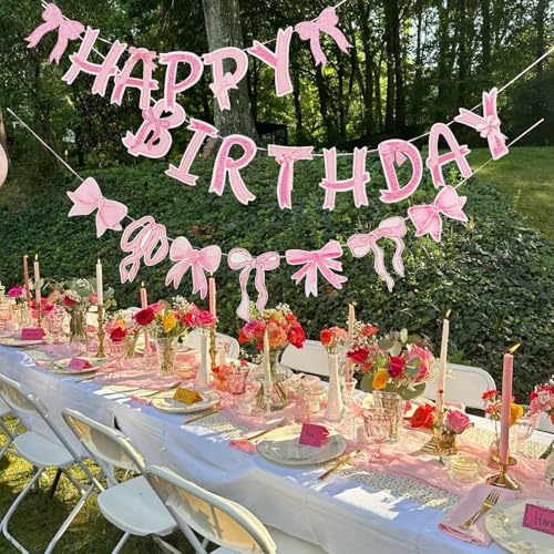 Image of Pre-Strung Pink Bow Birthday Decorations, Pink Coquette Party Decorations, Bow Party Supplies Include Happy Birthday Banner, Bow Garland Banner for Girls