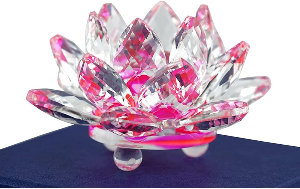 Clear Crystal Lotus, Sparkle Crystal Flower with Gift Box, Hue Reflection, Glittering, Peace, Purity, Good Fortune,Wisdom,Feng Shui Ornaments,Home Decor,Party,Photography (4.7"/12cm, Pink) - Image 2