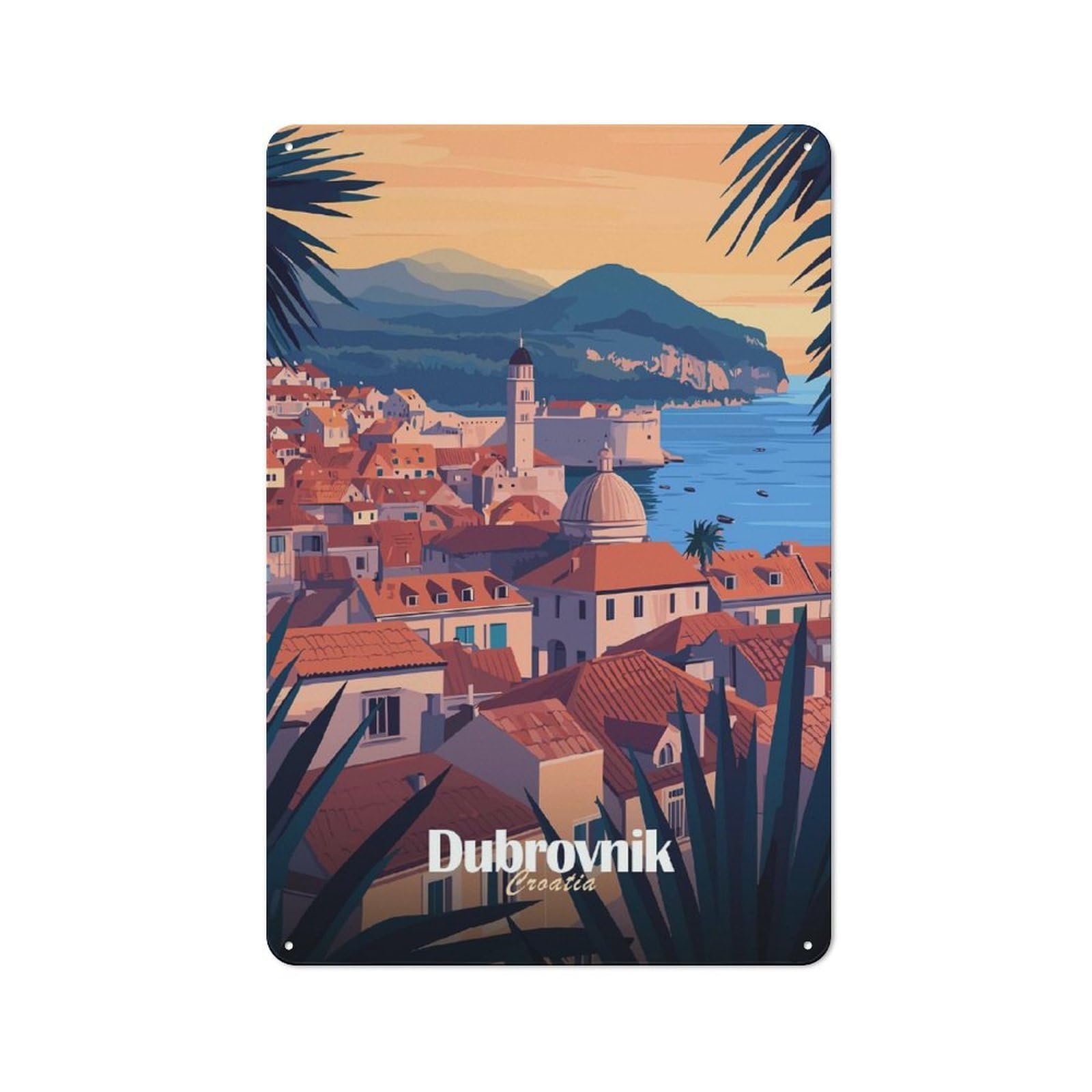 Rustic Dubrovnik Cityscape Tin Wall Plaque 30x20cm, Rustic Kitchen Decor for Cottage, Kitchen, Hallway Or Breakfast Nook