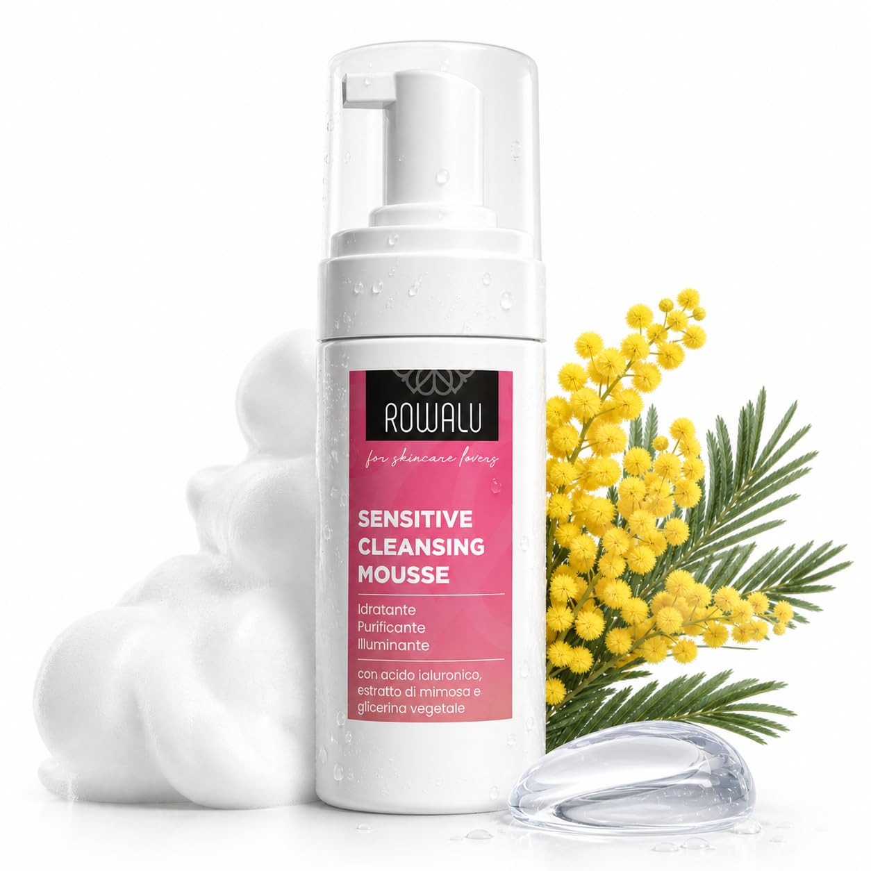 ROWALU Mousse Detergente Viso 150ML, Struccante Viso e Occhi Pelle Sensibile, Grassa e Secca, Detergente Schiumogeno Viso Idratante e Purificante, Skin Care, Detergente Viso Delicato Made in Italy
