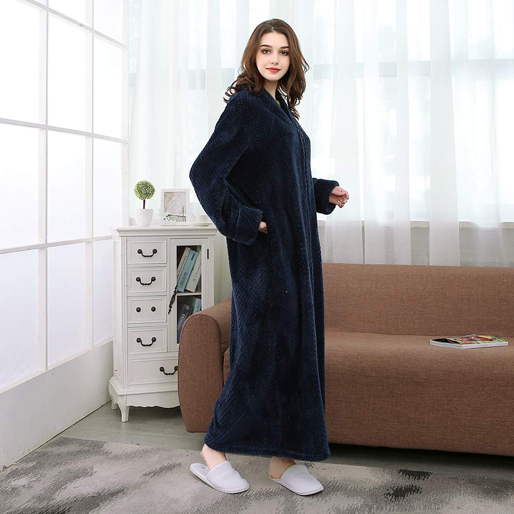 Albornoz largo de forro polar con cremallera para mujer, bata de baño mullida