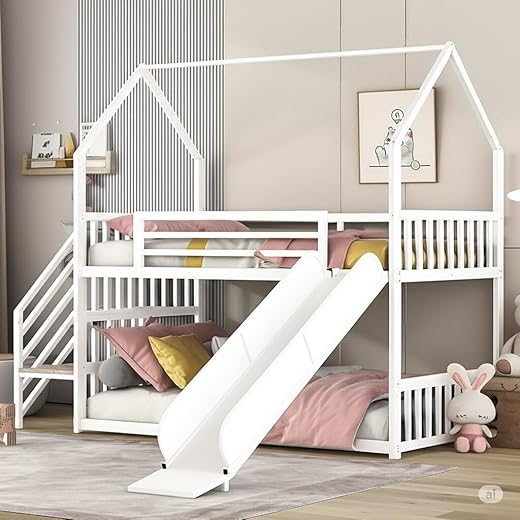 Rask Wood Twin Over Twin Metal Bunk Bed | Bunk Bed with Slide | Modern Over Bed Frame with Ladder for Kids Bedroom (White)