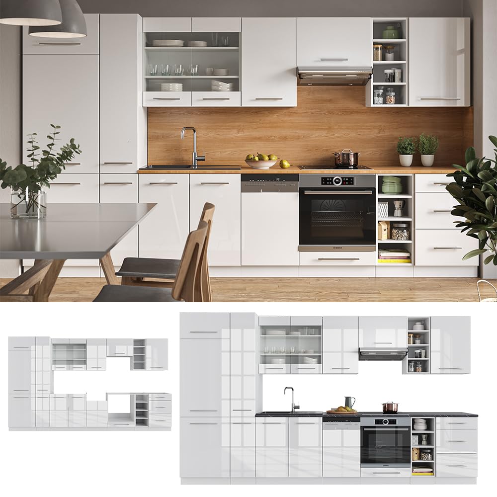 Vicco Cucina componibile Fame-Line, Bianco lucido/bianco, 355 cm senza piano di lavoro, adatto per l'espansione personalizzata con moduli aggiuntivi