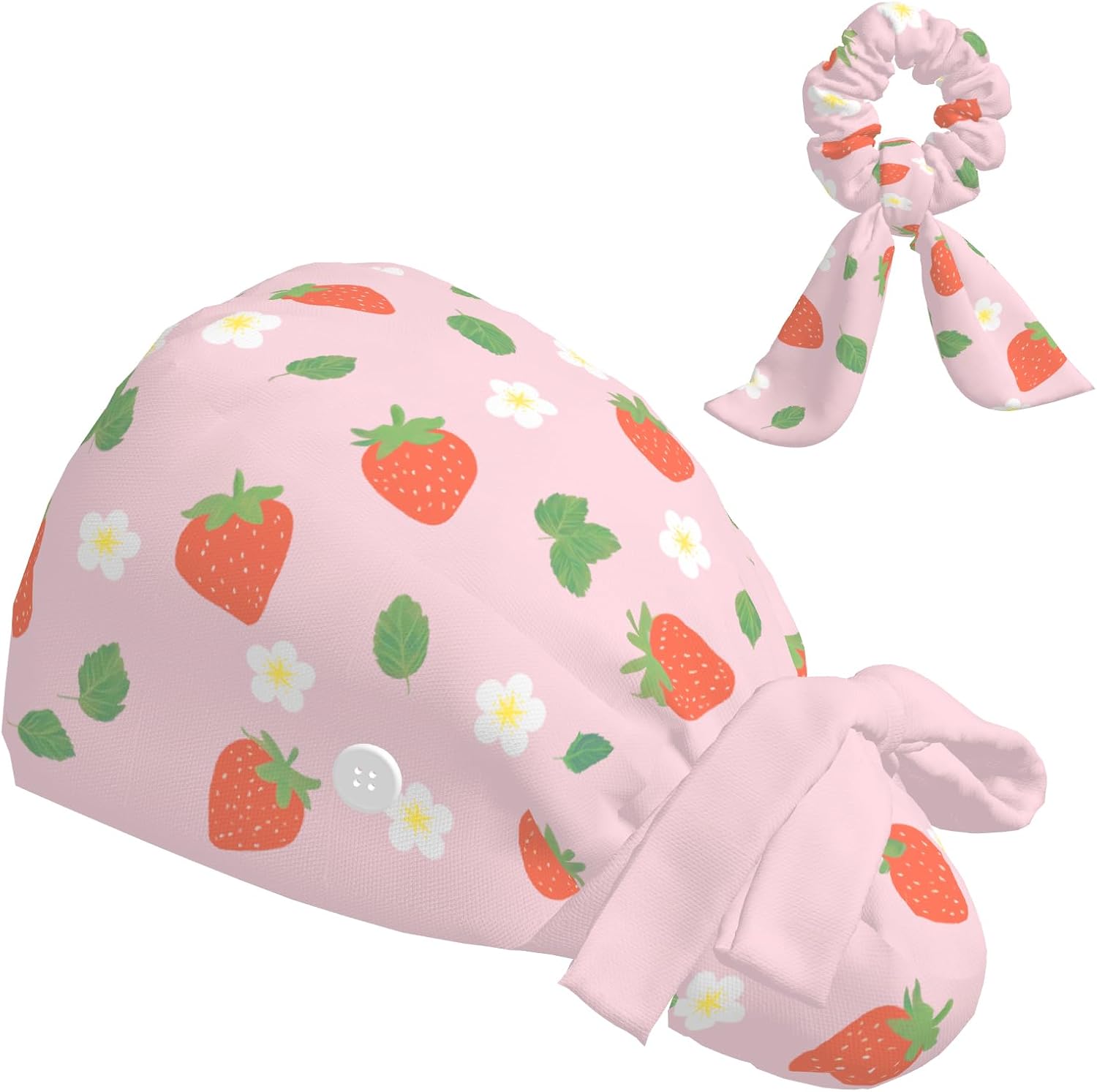 Scrub Caps Women Ponytail, Adjustable Surgical Cap with Buttons, Bouffant Hat with Scrunchy, Strawberry Pink Floral Kawaii
