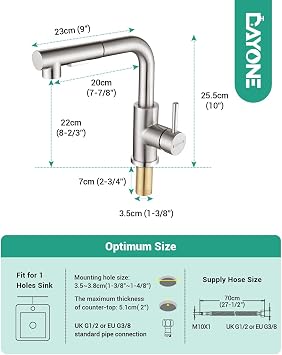 Dayone Kitchen Tap with Pull-Out Spray Stainless Steel Kitchen Bar Taps Kitchen Mixer Tap with Two Spray Functions and Pull-Out Spray 360° Swivel Single Lever Kitchen Tap