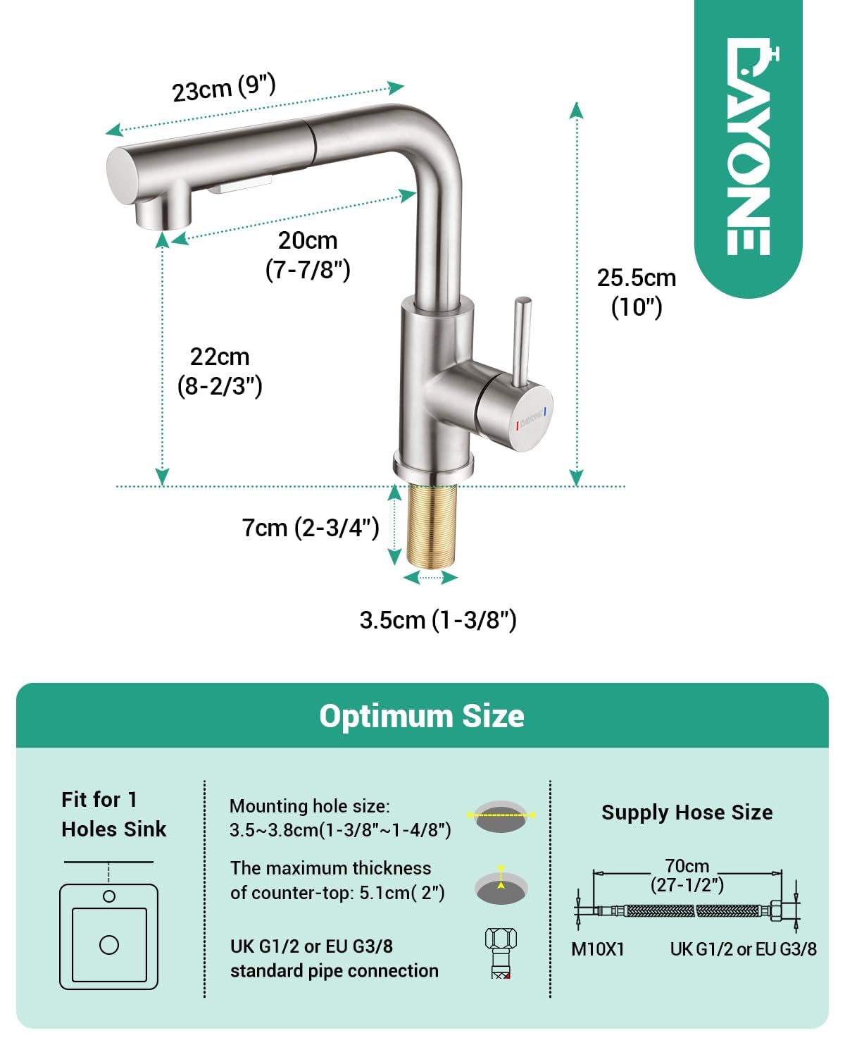 DAYONE Küchenarmatur mit Herausziehbarem Spray, SUS304 Edelstahl Hochdruck Wasserhahn Küche Ausziehbare Brause, Mischbatterie Küche mit 2 Funktionen, 360° schwenkbare Spültischarmatur Küche, Gebürstet