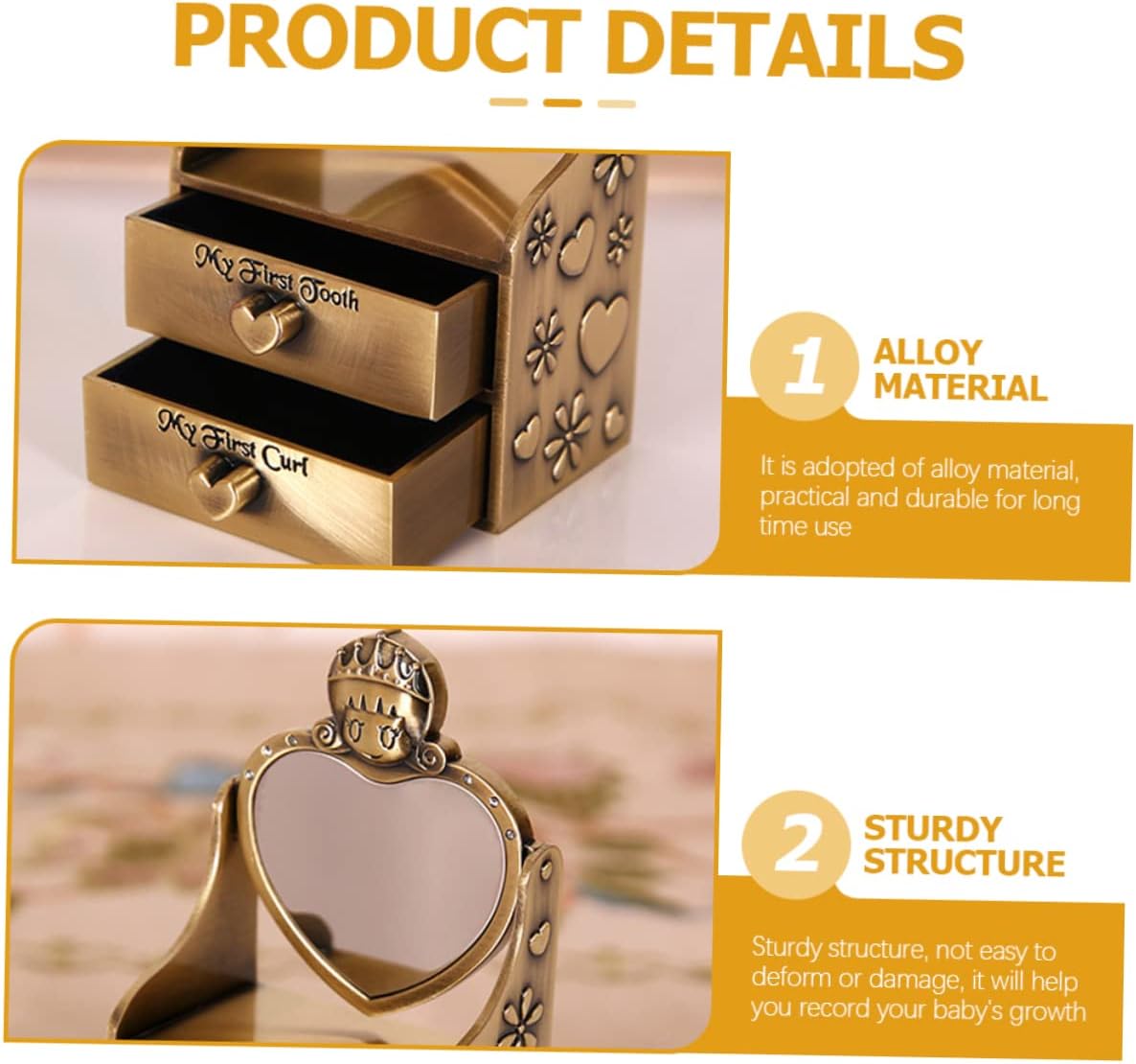 Creative Metal Baby Keepsake Box for First Tooth and Curl Storage Fetal Hair and Tooth Fairy Box Drawer Style Case for Infants and Toddlers