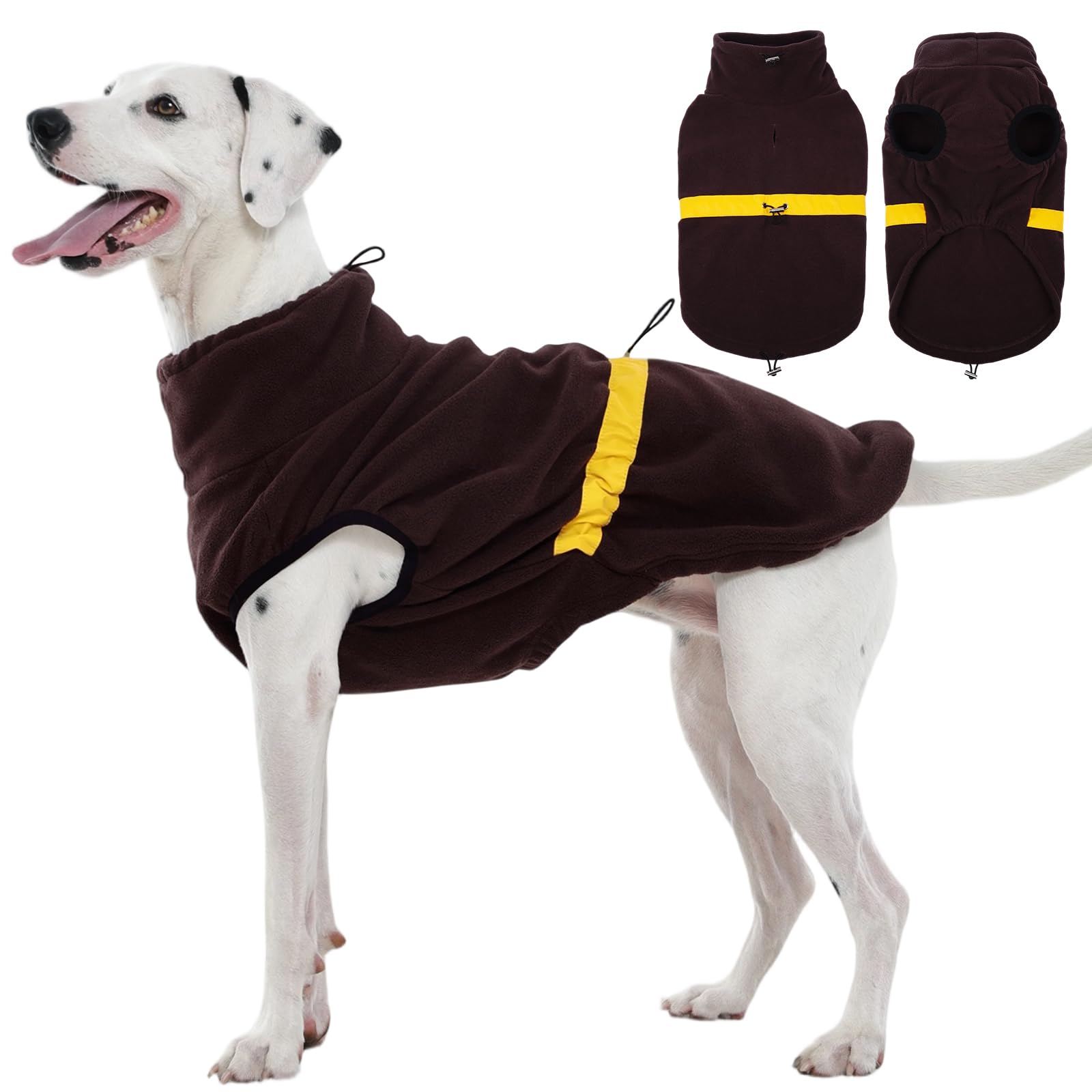 Kuoser Dog Fleece Jumper Brown 2XL, Adjustable Warm Dog Vest with Drawstring, Soft Cozy Jacket with Harness Hole for XX-Large Dogs Winter Cold Weather Coat
