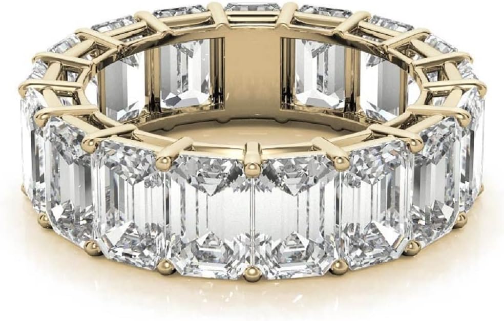 10K Solid Yellow Gold Engagement Band Emerald Cut Moissanite Diamond Solitaire Bridal Wedding Band for Her Women Full Eternity Ring Anniversary Propose RingHandmade Band