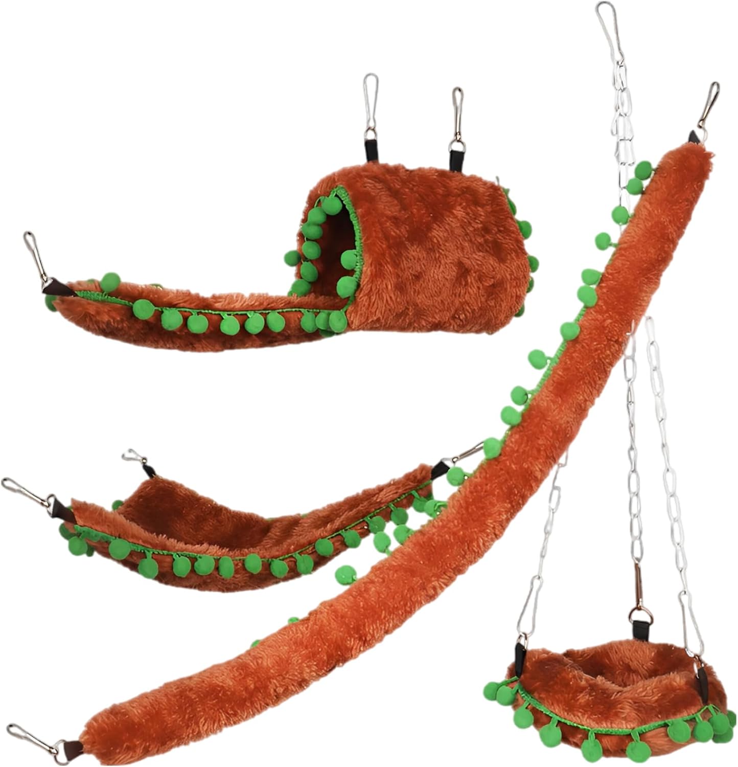 Arctic Velvet Sugar Glider Toy Set, 5 Pcs Brown Small Animal Accessories, Includes Hanging Beds, Hammock, Tunnel and Rope Ladder for Squirrel Cage