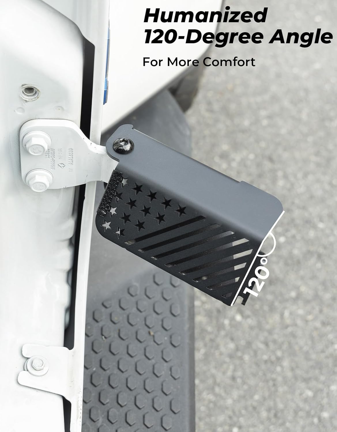 JOYTUTUS Upgraded 120° Wrangler Foot Pegs for Wrangler JK JL Gladiator JT 2007 to 2025, Exterior Door Hinge Metal Powder Coating Rest Pedals with US Flag Foot Rest Kick Panel Accessories