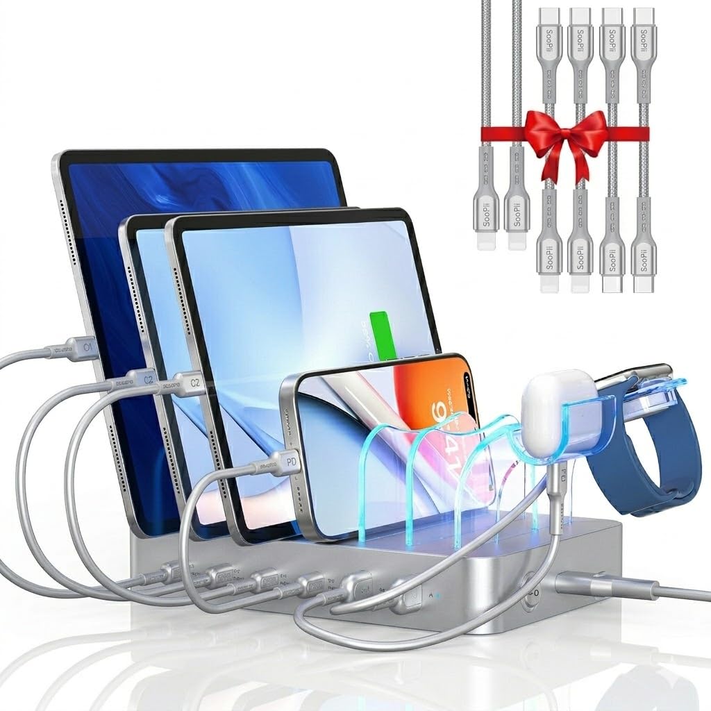 SooPii Stacja ładująca 90 W do wielu urządzeń, 6-portowa stacja ładująca z 4 PD 20 W i 2 portami USB-A, w zestawie 6 nylonowych kabli i torba podróżna, organizer na tablety, smartfony i inne