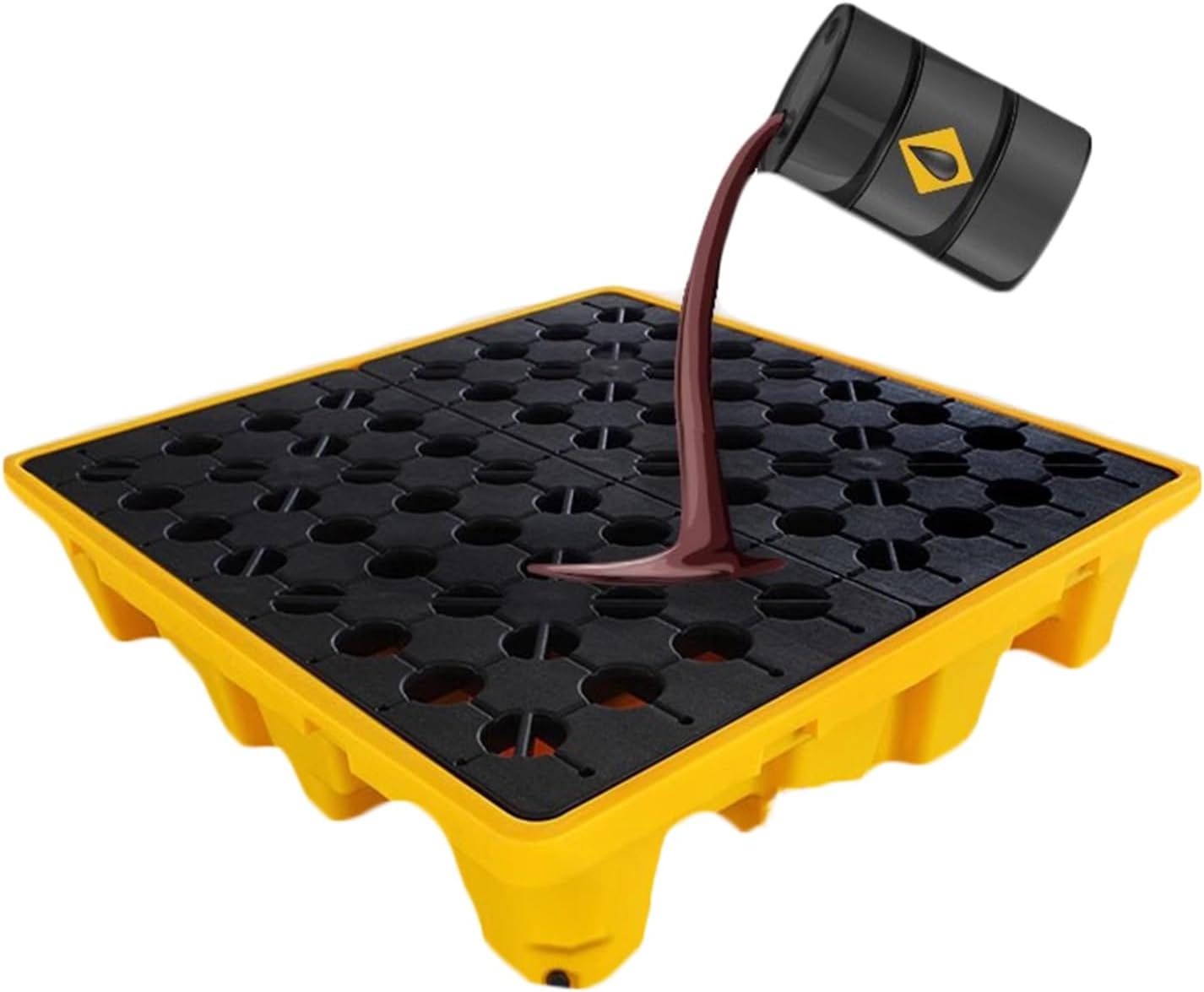 Industrial Spill Containment Pallet, 72X72X16Cm, Thicker Anti-Slip Oil Drum Tray with Drain, Forklift Pockets & Detachable Grates for Safe Storage,Black+yellow-49x35x9.5cm