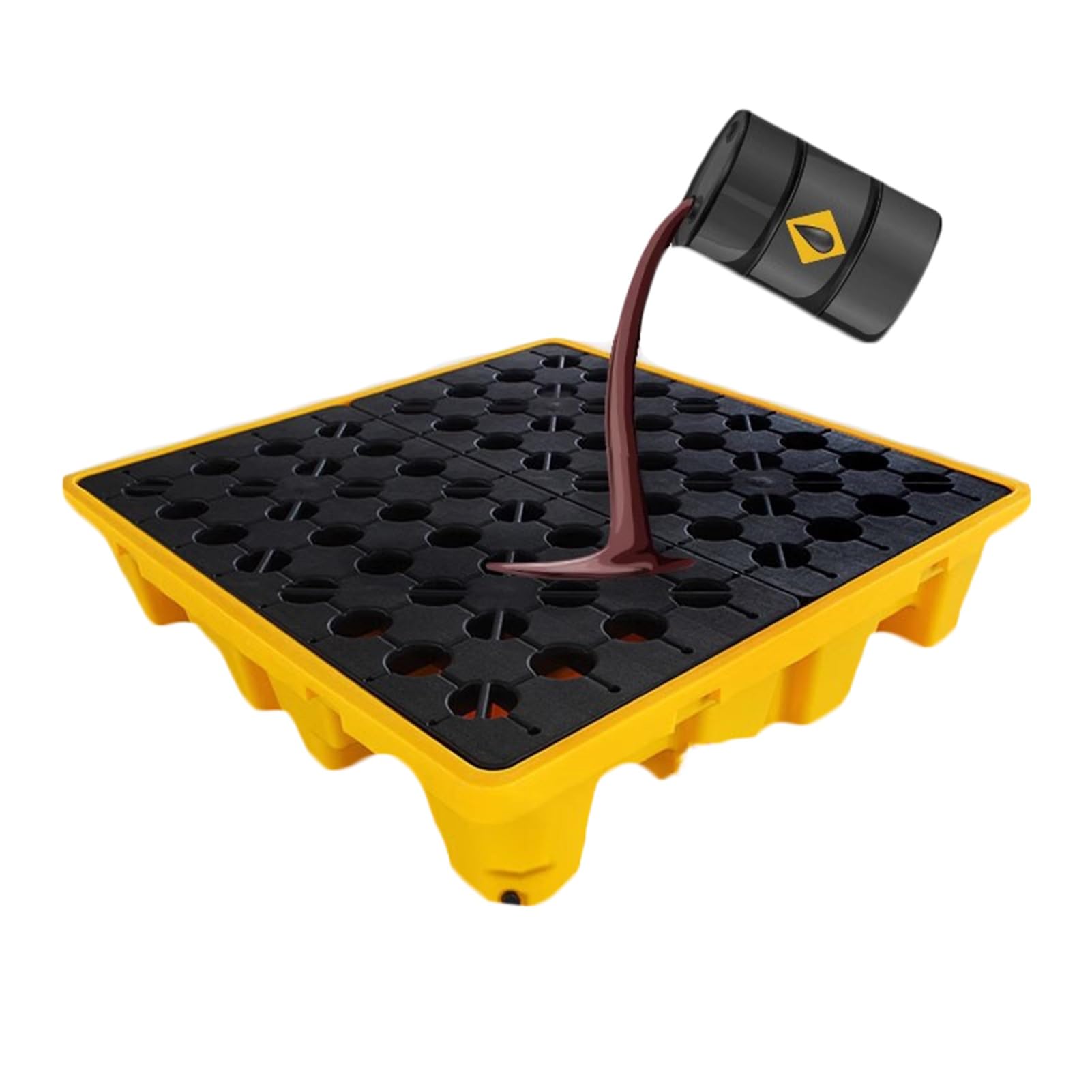 QUSYZD Industrial Spill Containment Pallet, 72x72x16cm, Thicker Anti-Slip Oil Drum Tray with Drain, Forklift Pockets & Detachable Grates for Safe Storage,Black+yellow-49x35x9.5cm