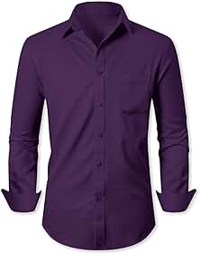 Camisa social masculina de manga comprida, lisa, com botões, corte regular, tecido elástico que não amassa, cor roxa, tamanho GG (XXG).
