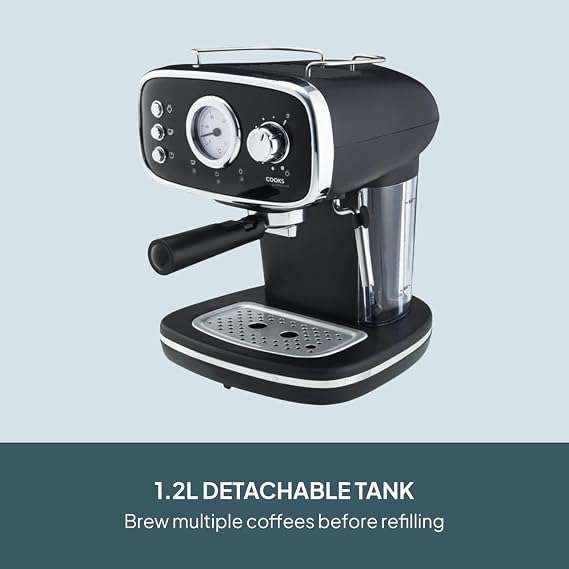 Cooks Professional 15-Bar Retro Espresso Coffee Machine with Frothing Steam Wand, Built-In Temperature Gauge, 1.2L Water Tank & Stainless Steel Drip Tray | Black