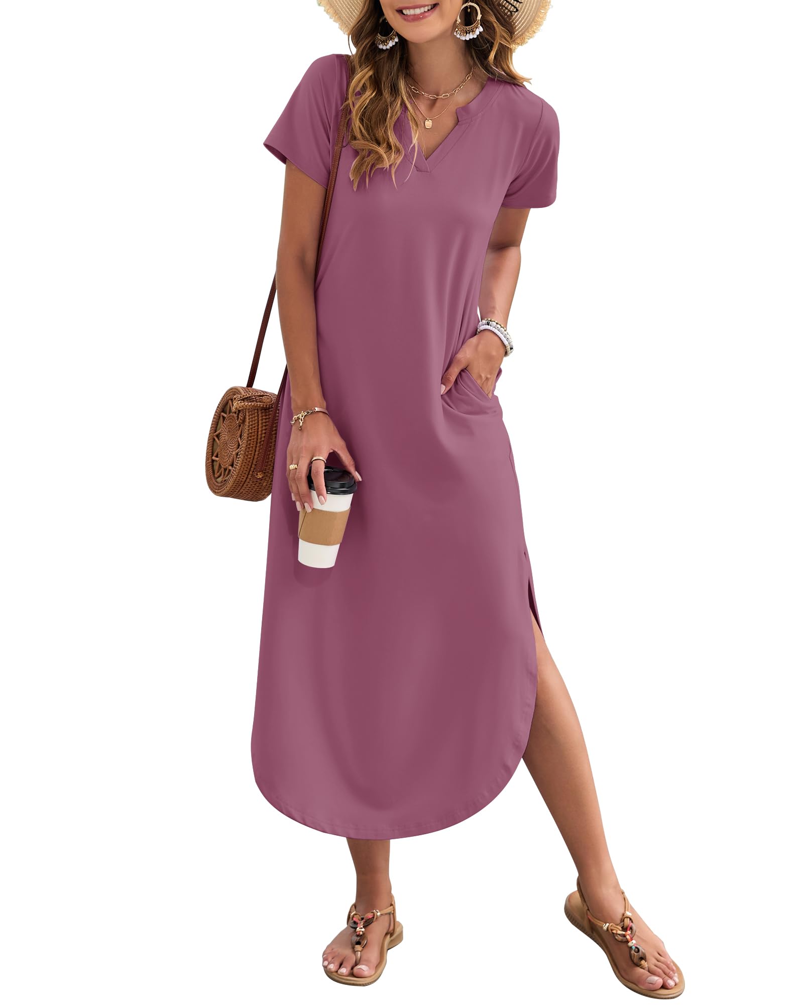 AUSELILY Damen Sommer Maxikleid Kurzarm V-Ausschnitt Lockeres Strandkleid mit Seitenschlitz für Urlaub