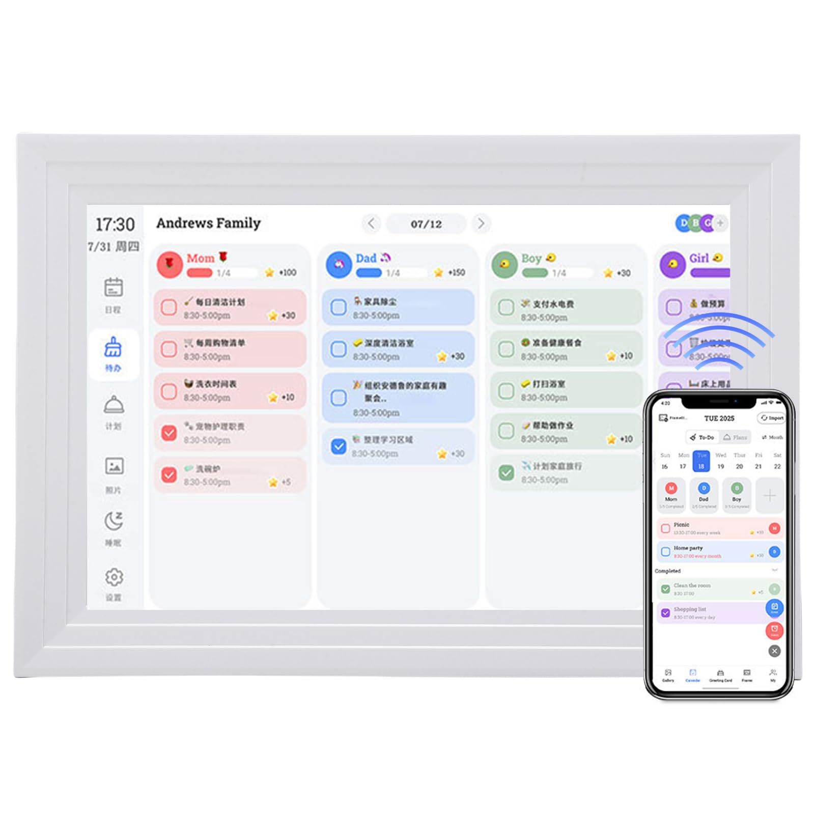 Asixxsix Inteligentny kalendarz cyfrowy, 10,1 calowy inteligentny wyświetlacz dotykowy z zarządzaniem aplikacjami, IPS Full View LCD Screen, inteligentny planer rodziny (WHITE)