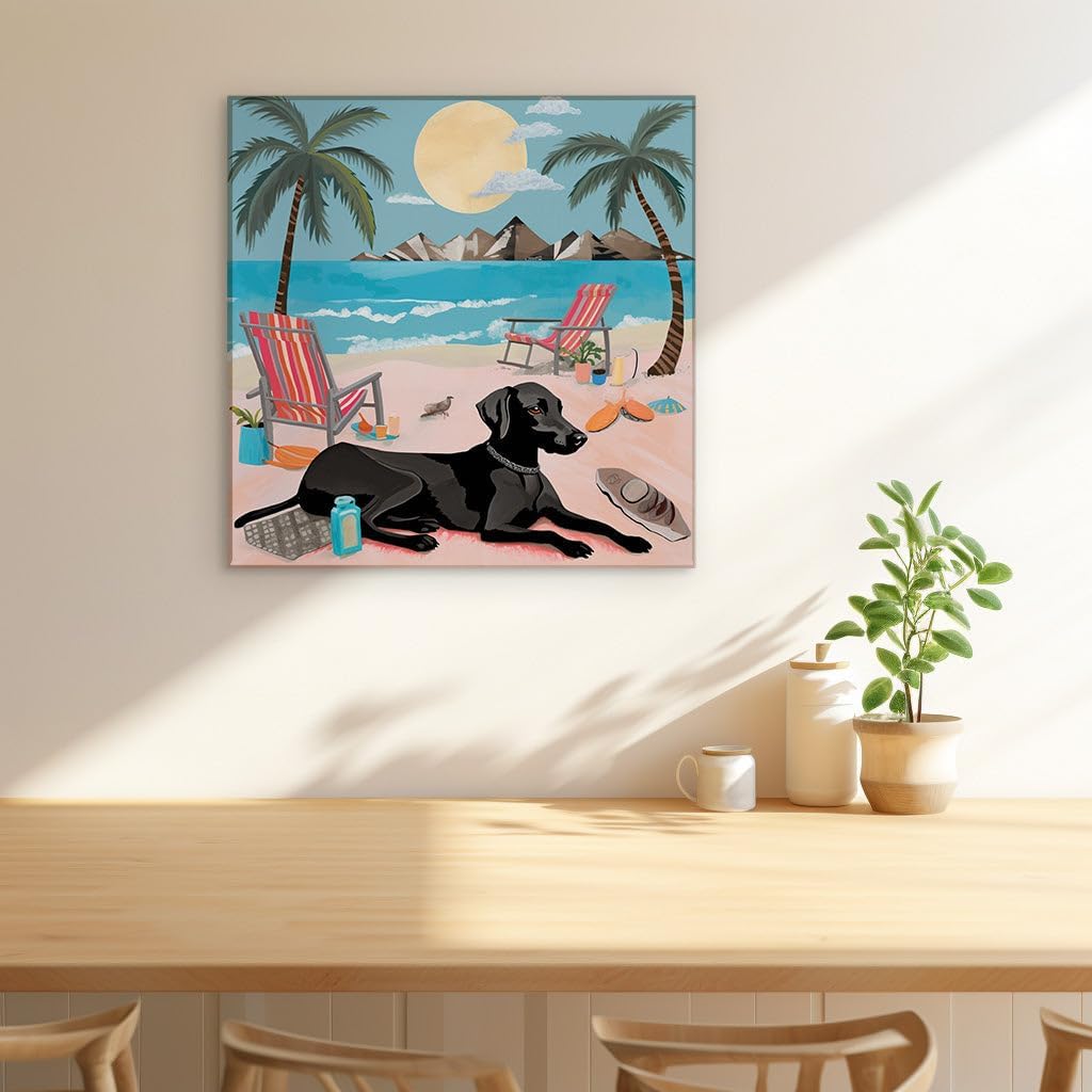 Canvas for Living room. Moonlit Serenity with a Canine Companion on a Whispering Beach, 27 x 18 inch Canvas Wall Art - Surrealistic Visions - Modern Home Decor - 69x46 cm (27x18 inch)